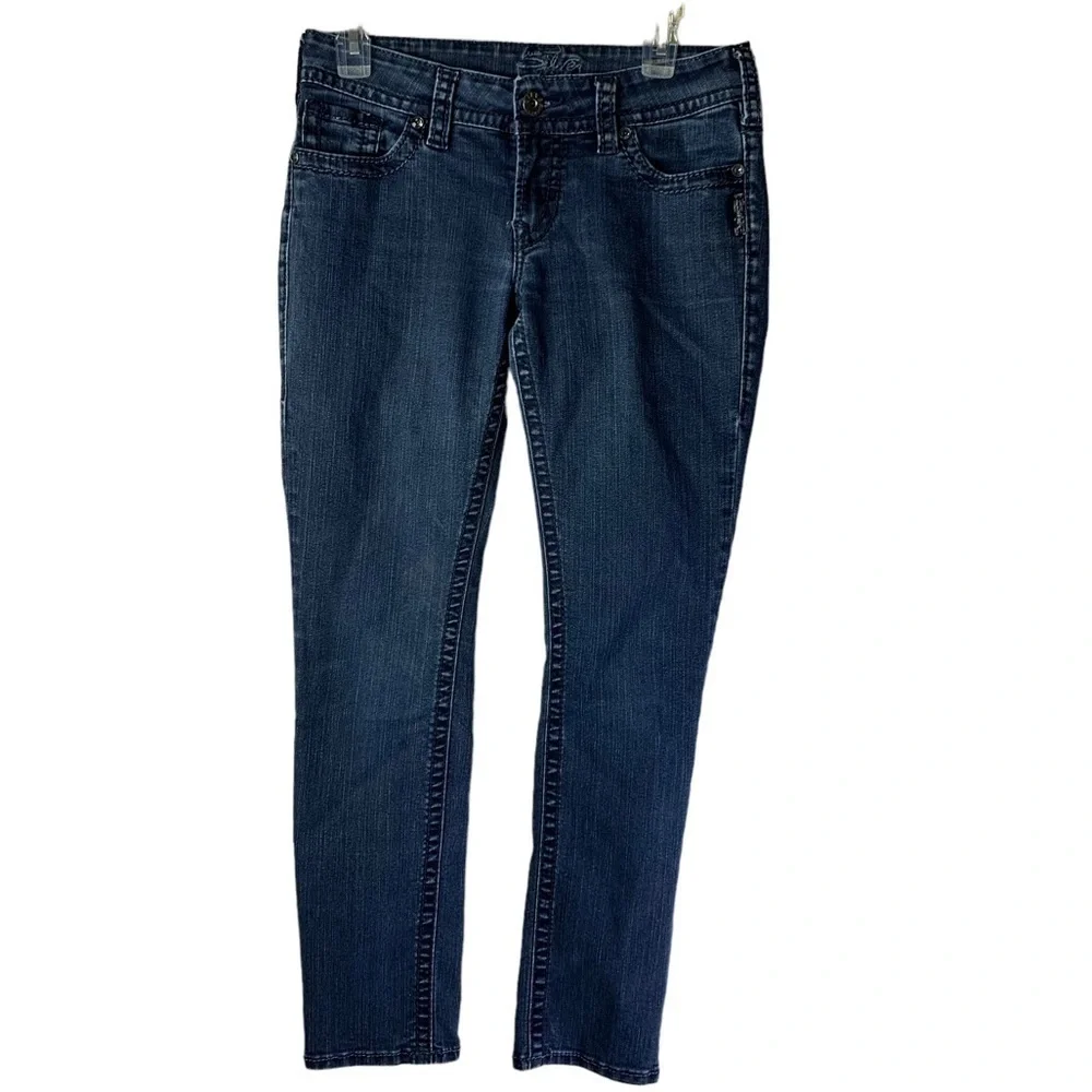 Silver SUKI Skinny Jeans with Embroidered Navy Blue S on Back Pockets W 29”X31”